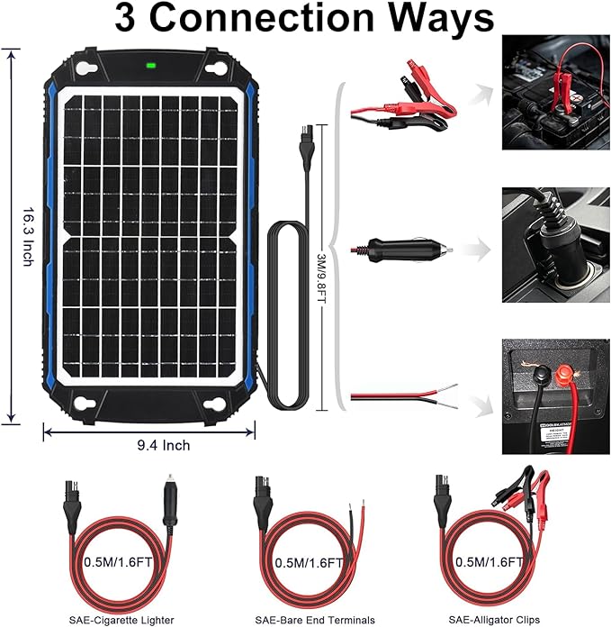 SUNER POWER Waterproof 12W 12V Solar Battery Charger & Maintainer Pro, Built-in