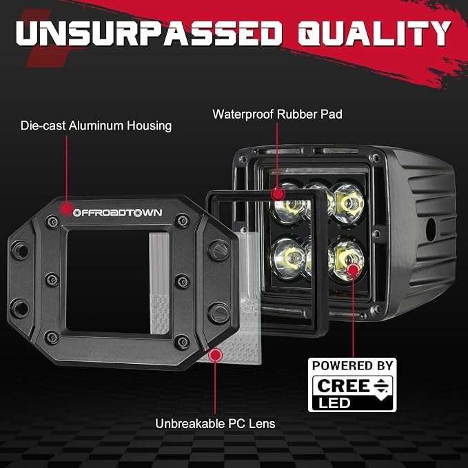 Flush Mount LED Pods, OFFROADTOWN 5'' 12,000LM CREE LED Driving Lights Reverse Backup Light Flush Light Bar Off Road Lights Work Light for Truck Pickup UTV ATV SUV Boat 4x4 Car - Driving Combo