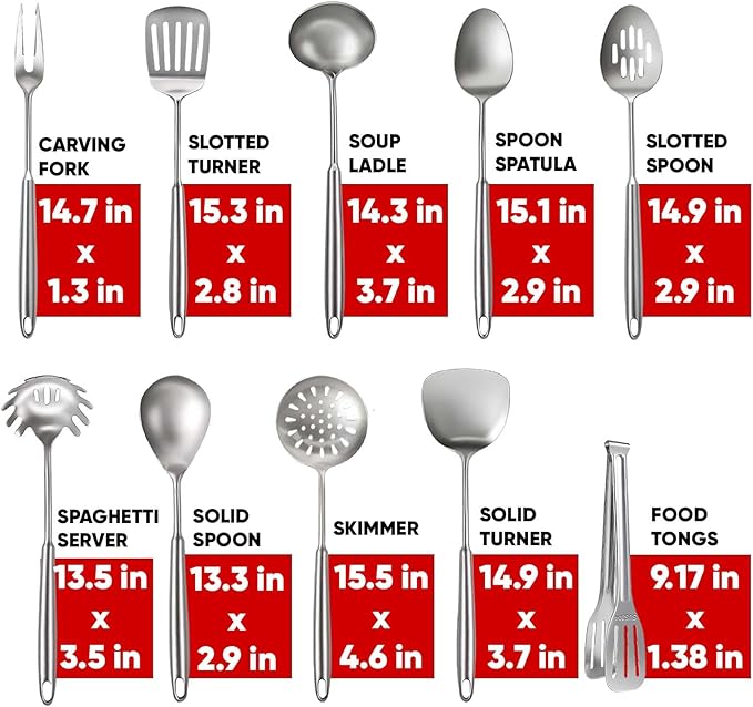 Newness 10 Pcs Cooking Utensils Set, 304 Stainless Steel Kitchen Utensils Set, Metal Kitchen Accessories, Include Soup Ladle, Slotted Skimmer Spoon, Spaghetti Spoon and Spatula, Tongs,Dishwasher Safe