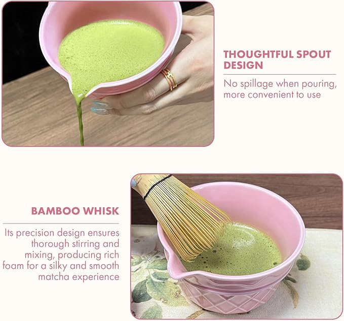 Matcha Whisk Set,9 Pcs Matcha Set with Matcha Bowl,Spout, Bamboo Whisk, Spoon Stand, Scoop, Sifter, Towel, Teaspoon and Glass Measuring Cup for Making Breakfast/Latte, Gift for Matcha Lover, Pink