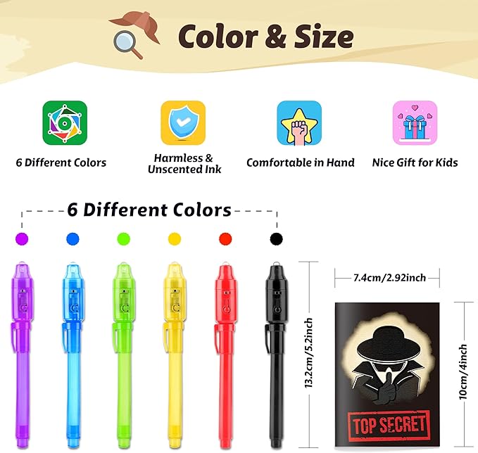 GIFTINBOX Invisible Ink Pens with UV light for Kids, Spy Pen Party Favors for Kids 8-12, 12 Pack Invisible Ink Pen and Notebook, Magic Marker for Secret Message Birthday Party Favors for Kid 4-8