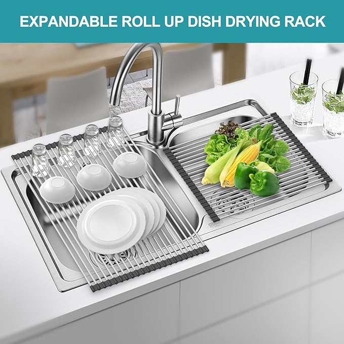 BBXTYLY Extra Large Expandable Roll Up Dish Drying Rack, Over The Sink Drying