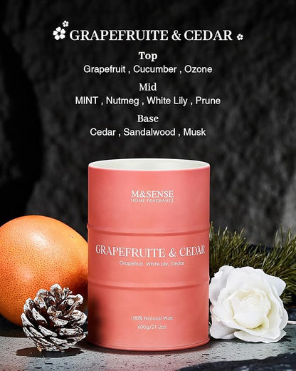 M&SENSE Grapefruit Cedar Scented Candles Large, Natural Soy Candles 21.2oz 120 Hour Slow Burning, Highly Scented Citrus Candles for Bathroom, Fresh Smelling Ordor Elimator Candle for Home