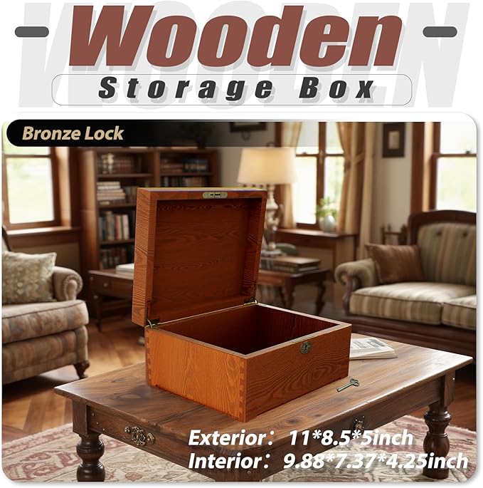 Locked Wooden keepsake box with Hinged Lid, Ash Wood Decorative Keepsake Box (11x5x8.46 in), Handmade Mortise & Tenon Joints, Durable Wood Box Storage for Jewelry & Valuables