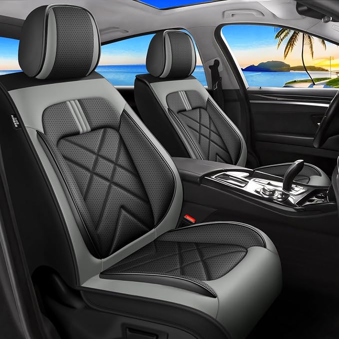 Car Seat Covers Fit for Ford Expedition 2011-2026, Premium Full Coverage Leather Automotive Seat Protectors, All Seasons Waterproof Breathable, Airbag Compatible, 2 Front Seats, Black Gray