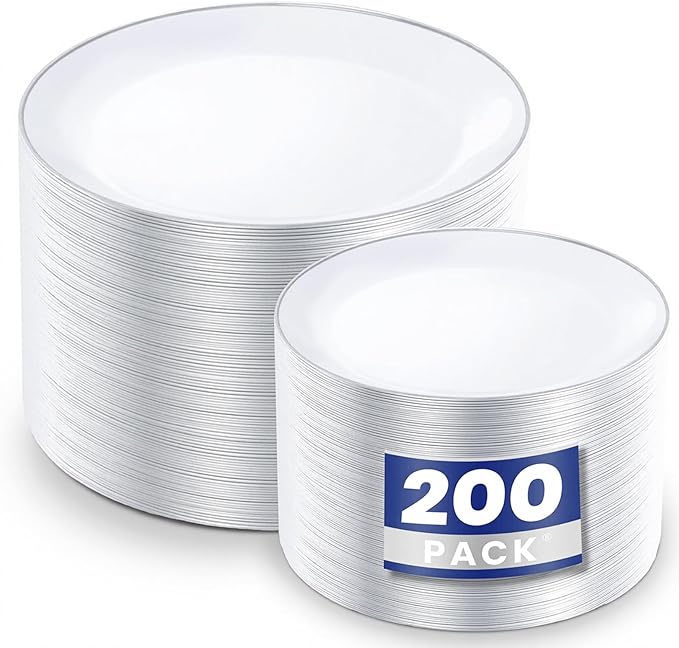 KIRE 200PCS Silver Plastic Plates - White Plastic Plates with Silver Rim Include 100 Dinner Plate and 100 for Dessert/Salad Plate for Birthday/Wedding/Party for Christmas