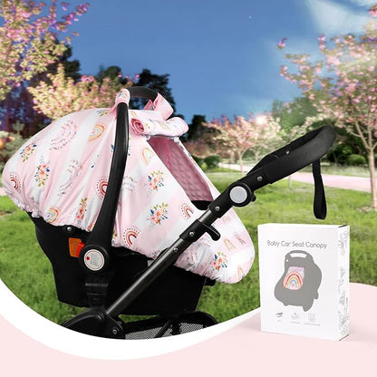 Pea Pod Car Seat Cover Baby, Infant Car Seat Canopy Covers for Newborn with 2 Layers Windows of Breathable Mesh Fabric, Lightweight Polyester/Soft Minky Dot Backing (Floral & Rainbow)