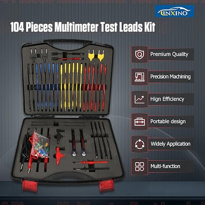 104PCS Automotive Circuit Test Leads Kit Electrical Breakout Leads Automotive Kit Multimeter Test Leads Kit with Alligator Clips,Banana Plug Test Lead,Oscilloscope Probe