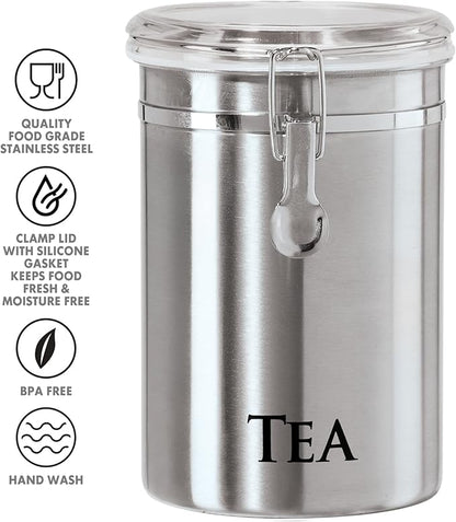 Oggi Stainless Steel Tea Canister 62 fl oz - Airtight Clamp Lid, Clear See-Thru Top - Ideal for Tea Bag, Loose Tea, Kitchen Storage, Pantry Storage. Large Size 5" x 7.5".