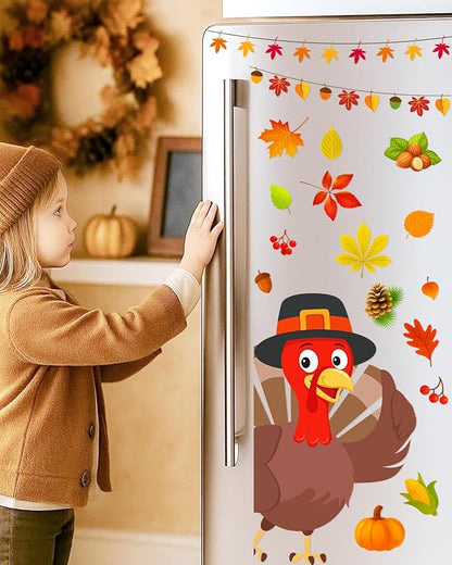 Thanksgiving Window Clings - 9 Sheets 114 Pcs Thanksgiving Decorations for Fall Autumn Harvest Home Party, Pumpkin Leaves Turkey Acorns Stickers for Glass, Double-Sided Static Window Decals