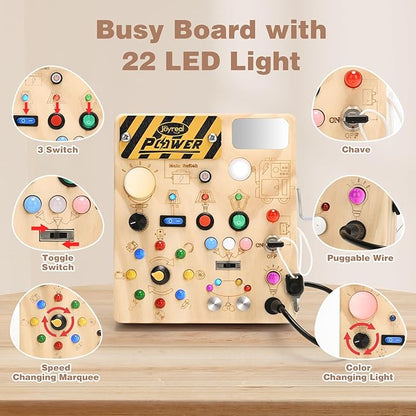 Joyreal Busy Board with 22 LED Light - Montessori Toys for 1 2 3 Years Old, Wooden Toddler Sensory Board for Kids with Autism, Fidget Board Travel Toys for 1+ Year Old Boy & Girl Birthday Gift (Big)