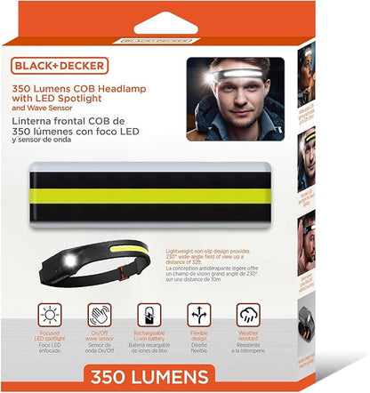 BLACK+DECKER Rechargeable Headlamp with Flashlight & Wave Sensor 2-Pack, 350 Lumens LED 230° Beam Head Light, IP65 Waterproof, 4 Brightness Settings, SOS Mode, Fits Over Helmets, Head Lamp for Camping