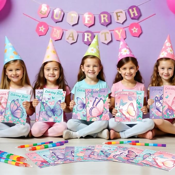 BenLouis 12 Butterfly Mini Coloring Books Kids with 12 Stacking Crayons Butterfly Theme Party Favors Small Activity Books Bulk for Kids Spring Fairy Birthday Party Gift Goodie Bag Stuffers
