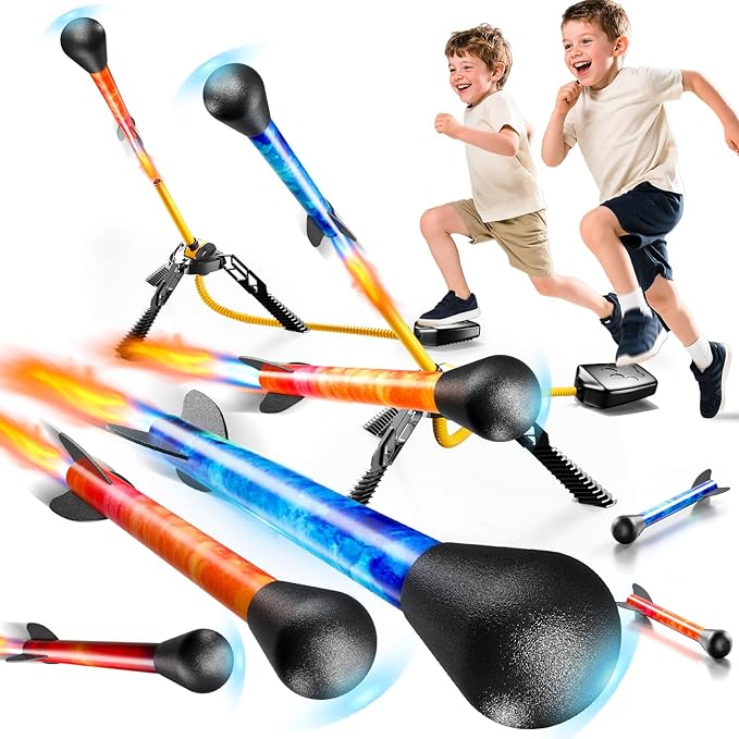 Rockets for Kids Age 4-8 with 8 LED Rockets and 2 Launcher - Outdoor Toys for 4 5 6 7 8-12 Year Old Boy Birthday Gift, Air Powered Flying Toy Shooting Up to 100 Feet, Toys for Kids Ages 8-12