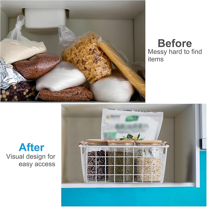 Wire Basket 2 Pcs Wire Storage Baskets Wire Baskets Organizing with Wooden Handles Wire Basket Pantry Organization and Storage Metal Wire Food Storage Basket for Kitchen, Cabinets (White 2PCS)
