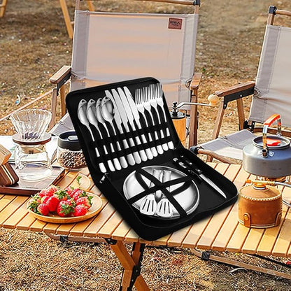 Camping Silverware Silver Picnic Plates and Utensils Set for 4 Portable Tableware Stainless Steel Flatware 20 Pieces With Organizer Bag Reusable Durable