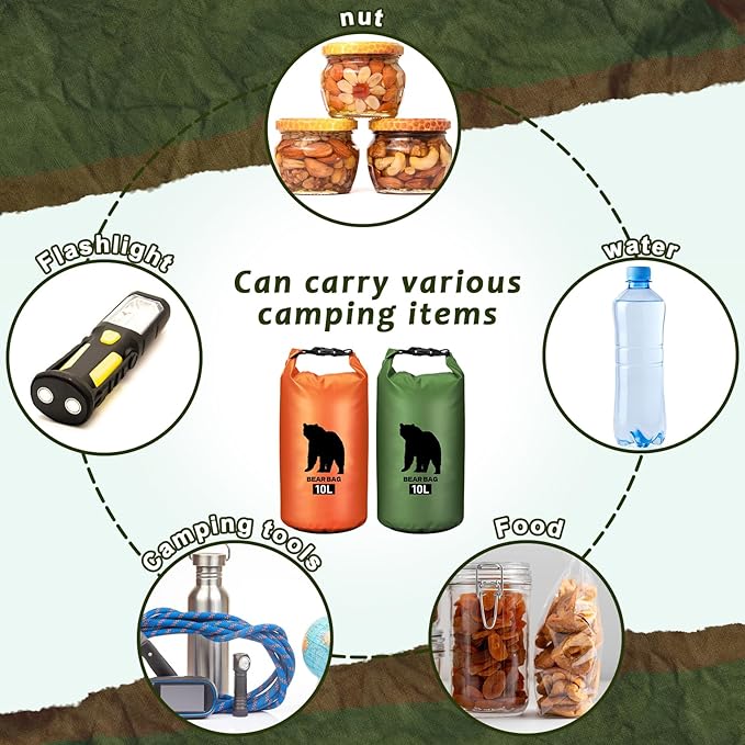 2 Pcs 10L Waterproof Bear Bags with 4 Nylon Ropes, 4 Clips & 2 Rock Pockets & 2 Small Warning Bells for Hanging Food securely. Ultralight Camping Food Bag System.