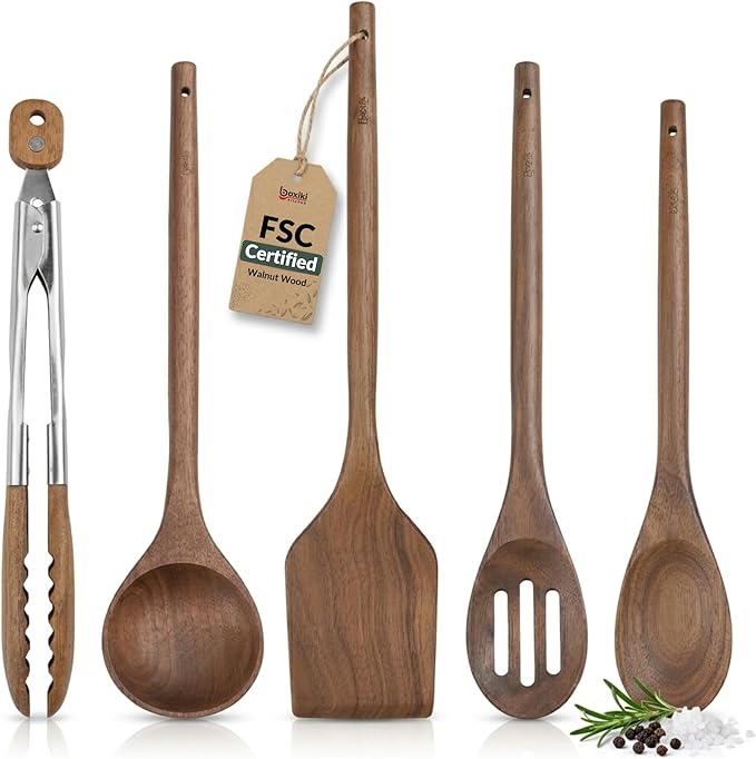 Elegant 5-Piece Walnut Wood Kitchen Utensil Set – Non-Scratch, Heat-Resistant
