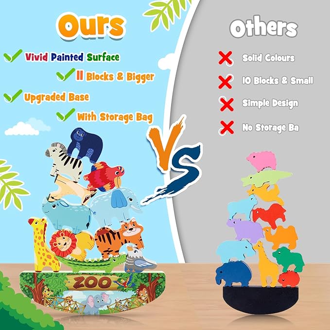Wooden Animal Blocks Stacking Toy Kids Christmas Birthday Gifts for Boy Girl Age 3-7 Animals Montessori Toddler Toys 3 4 5 6 7 8 Year Old Boys Girls Educational Toys Fine Motor Balance Game