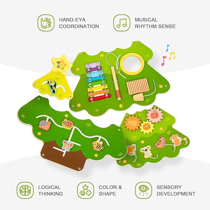 OOOK Tree Wall Busy Board Panel, Montessori Sensory Toy, Toddler Learning Activity Center, Toddler Learning Activity Center, Interactive Toys, Wooden Sensory Wall Develops Kids Skills in All Aspects