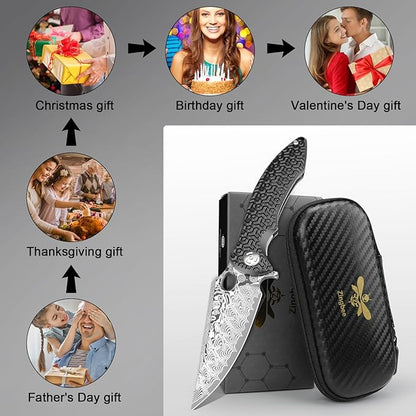Pocket Knife for EDC Damascus Pocket Knife with Black Aluminum Handle 3.3" Damascus Blade Pocket knives & Folding Knives