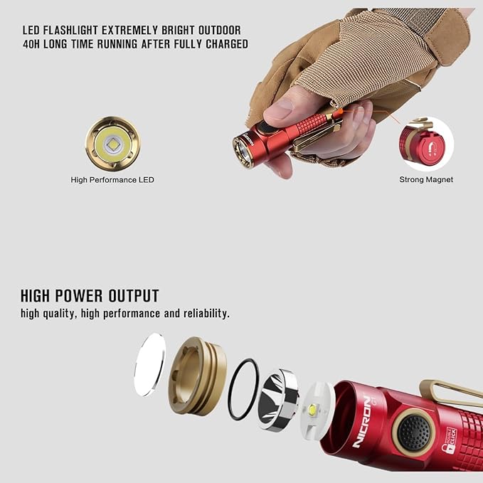 NICRON Mini Flashlight, 1200 lumens Rechargeable led flashlights high lumens with Clip on Flashlight, Tactical flashlights with Magnet, Waterproof EDC Flashlight for Emergencies Camping Outdoor (Red)