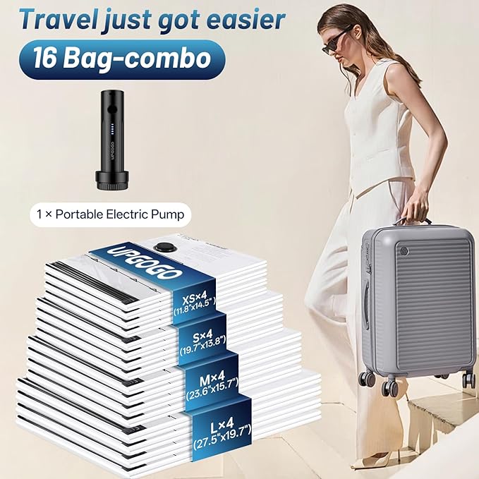 Combo 16 Pack Travel Vacuum Bags for Luggage with Portable Electric Pump,Vacuum Seal Bags for Clothing,Packing Cubes Compression,Cruise Ship and Travel Essentials