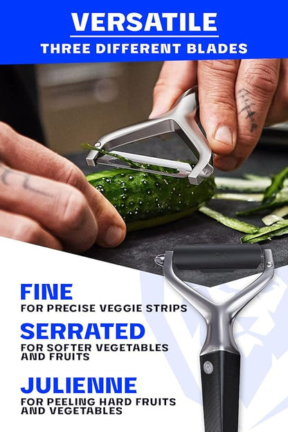 DALSTRONG Razor VX - Y Peeler - High Carbon Stainless Steel - Non Slip G10 Handle - Fine, Serrated & Julienne Blades Set - Premium Vegetable, Fruit, Potato Peeler for Kitchen