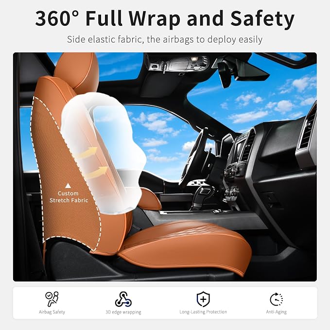 Huidasource F150 Truck Seat Covers Fit for 2015-2025 Ford F150 & 2017-2025 F250 F350 F450 Crew Cab XL XLT Lariat King Ranch Platinum, Full Coverage Leather Automotive Seat Cover(Full Set/Brown)