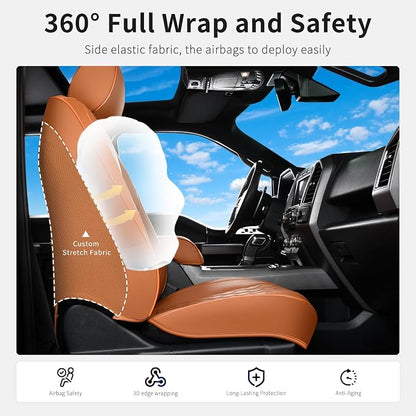 Huidasource F150 Truck Seat Covers Fit for 2015-2025 Ford F150 & 2017-2025 F250 F350 F450 Crew Cab XL XLT Lariat King Ranch Platinum, Full Coverage Leather Automotive Seat Cover(Full Set/Brown)