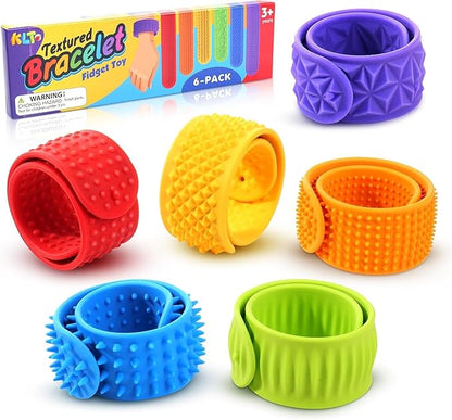 Sensory Fidget Toys for Kids: Textured Silicone Slap Bracelets 6 Pack, Stress Fidgets for Anxiety Autism ADHD, Wearable Sensory Toys for Adults Office Desk, Calm Down Travel Airplane Toys