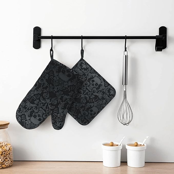 Gothic Skull Oven Mitts and Pot Holders Sets of 4, Resistant Hot Pads