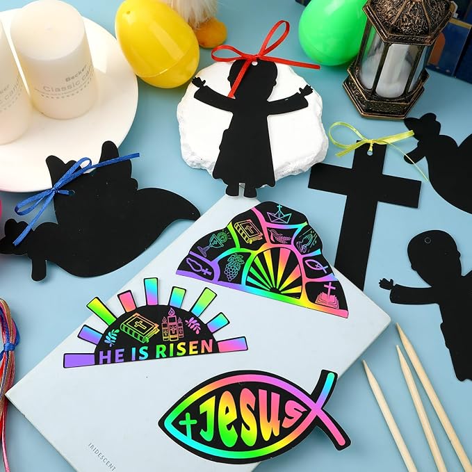 JULMELON 36 PCS Religious Easter Crafts, Rainbow Scratch Art for Religious Gifts Magic Color Resurrection Cross Scratch Cards Christian Sunday School Bible Crafts Classroom Party Favors