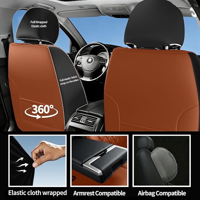 Fit Santa Fe Car Seat Covers for Hyundai Santa Fe 2009-2025 2026 - Luxury Leather, Anti-Slip, All-Weather, Waterproof & Breathable, Airbag Compatible, 2 Front Seats Only (Brown)