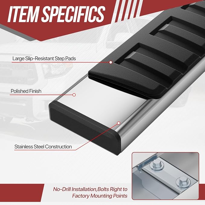 Running Boards Side Step Bars Compatible with 2007-2021 Toyota Tundra Double Cab Extended, 6.75 Inches Stainless Steel Running Boards Powdercoated Side, Chrome/Black
