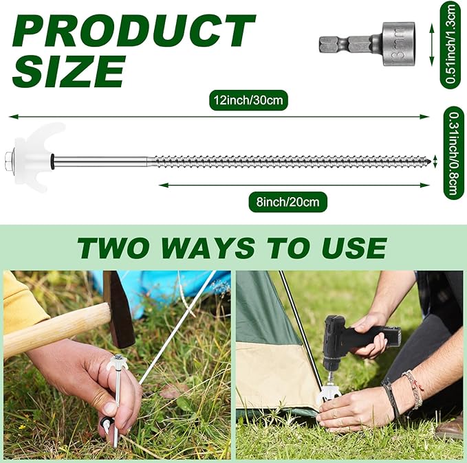 JaGely 40 Pcs 12 Inch Screw in Tent Stakes Heavy Duty Ground Anchors Metal Threaded Spikes Camping Stake Screw in Tent Pegs with Hex Head Driver for Camping Travel Decor Outdoor (Luminous White)