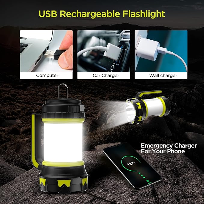 Rechargeable Flashlights Camping Lantern,6 Modes LED Bright Flashlight 3000mAh Battery, IPX4 Waterproof, Emergency Flashlight Lantern for Outdoorï¼?Hurricane, USB Cable Included-1 Flashlight