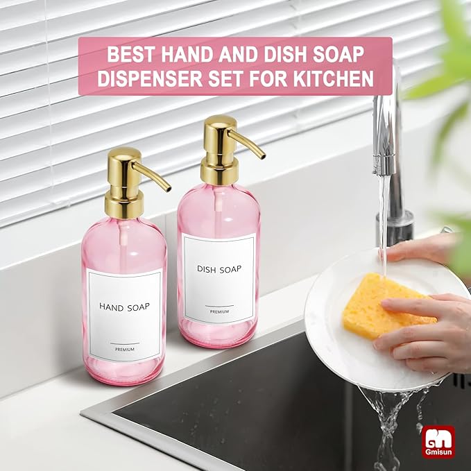 GMISUN Pink Soap Dispenser Bathroom, 2 Pack Kitchen Hand and Dish Soap