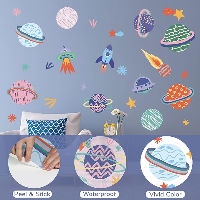 Large Space Wall Decal Stickers Rocket Spaceship Planets Wall Decals Planet Stars Wall Sticker Removable Vinyl Decals Solar System Galaxy Star Space Wall Decor for Nursery Kids Room Girls Boys Bedroom Wall Decor (Multicolor)