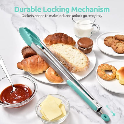 600ºF Heat Resistant Kitchen Tongs: U-Taste 16 in Extra Long Large Silicone Cooking Tong with Sturdy Non Stick Rubber Tips & Non Slip Silicon Coated 18/8 Stainless Steel Handle for Grill BBQ(Aqua Sky)