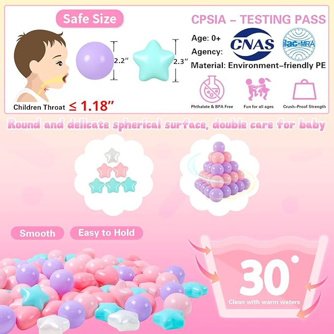 Ball Pit Balls Pack of 100 200 500 - Star and Round Set BPA Free Phthalate Free Non-Toxic Crush Proof Play Balls Soft Plastic Balls for Toddlers Baby Kids Birthday Pool Tent Party