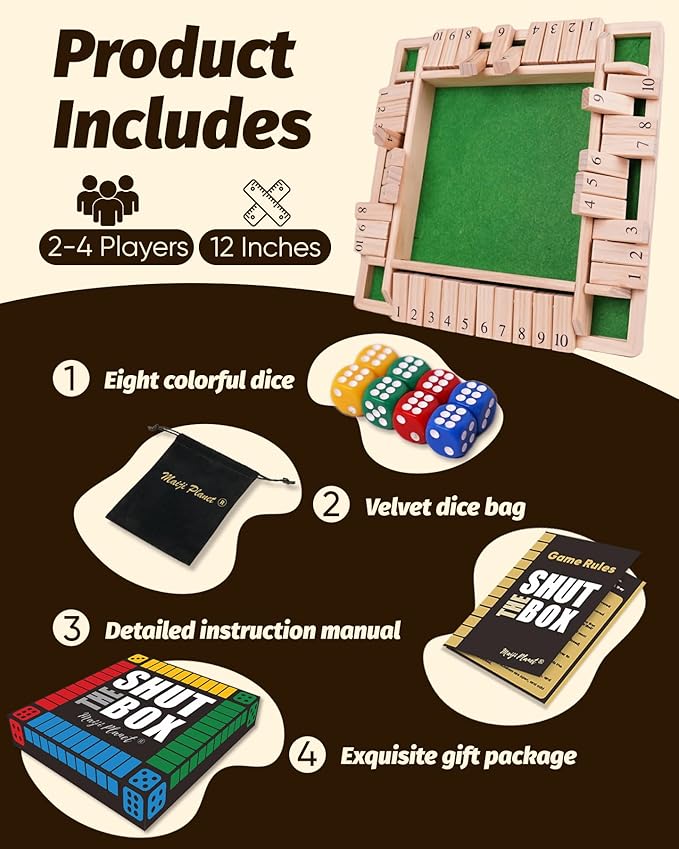 12" Upgraded Shut The Box Game, Math Dice Board Game for Family Night Classroom Travel, Wooden Table for Group Kid Adult Senior, Travel Party Bar, Easy Quick and Fun, 2-4 Players