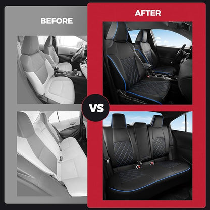 FREESOO for Toyota Corolla Seat Covers L LE XLE, LE Eco Sedan 2014 2015 2016 2017 2018 2019, Luxury Leather Seat Covers for Cars, Custom Fit Car Seat Covers, Waterproof Seat Cover, Black Blue Full Set