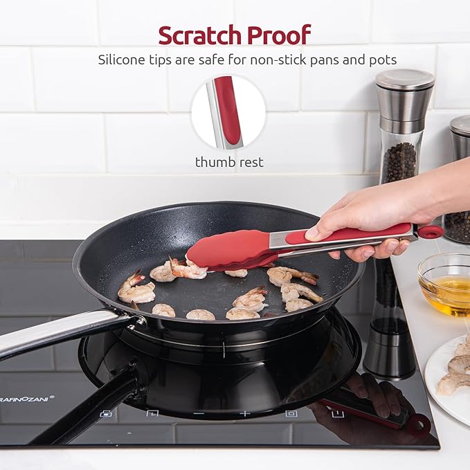 Heat Resistant Silicone Kitchen Tong: U-Taste 9 inch 480ºF Hot Proof Cooking Tong with Firm Sealed Non Stick Rubber Tips & Silicon Coated Steel Handle & Smooth Locking for Serving Grill Salad (Red)