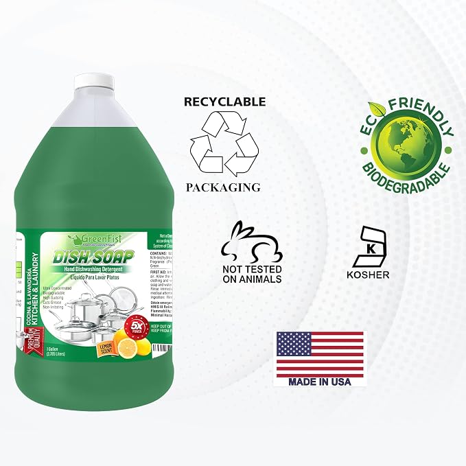 GreenFist Dish Soap Ultimate Kitchen Kit – Pump, Towel, Sponges & Scrubbers, Complete Cleaning Bundle – 1 Gallon, Lemon Scent (1 Gallon + Sponge & Scrubber Kit)