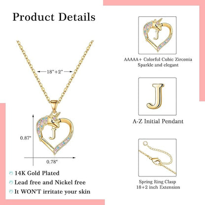 Hidepoo Unicorn Necklace Gifts for Girls - 14K-Gold-Plated Colorful CZ Heart Necklace Girls Jewelry Initial Unicorn Necklaces for Girl Birthday Gifts