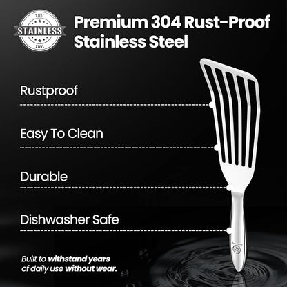 Stainless Steel Fish Spatula Set – 1 Large Fish Turner + 1 Small Metal Spatula, Ultra Thin Edge for Easy Turning & Flipping, Metal Kitchen Untensils with Ergonomic Non-Slip Handle, Dishwasher Safe