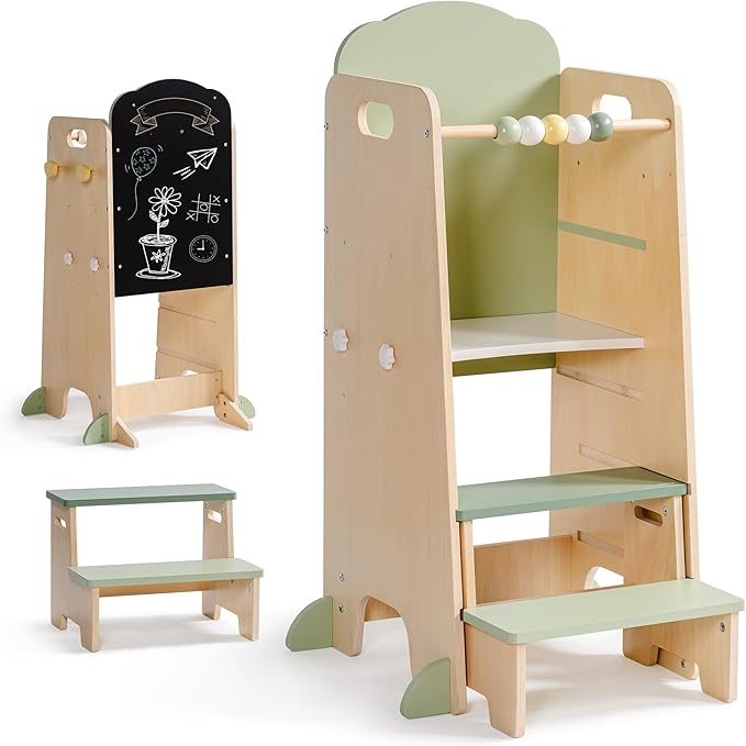 ROBUD Toddler Tower Adjustable Kitchen Stool Helper with Chalkboard, Hooks and Anti-Tip Design, Movable Kids Step Stool with Cute Safety Rail, Montessori Activity, Morandi Green