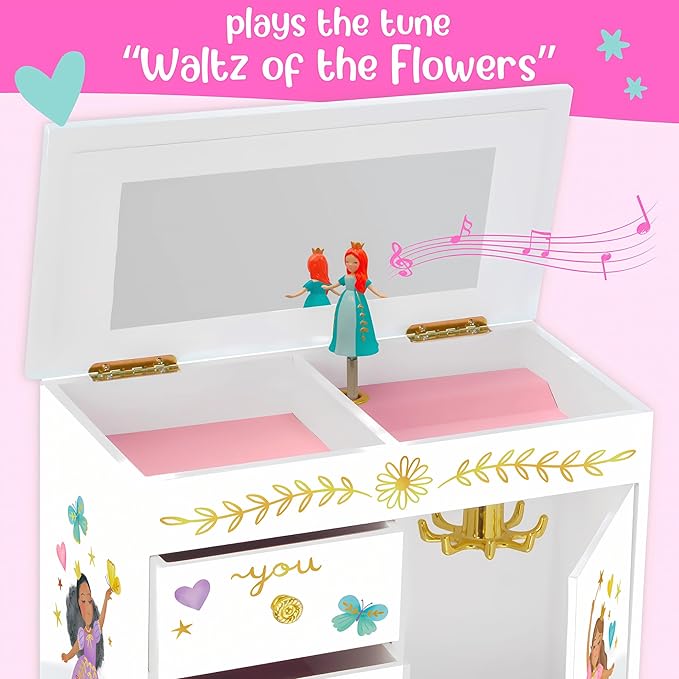 Giggle & Honey Princess Musical Jewelry Box for Girls - Kids Music Box with Drawers, Fairytale Gifts for Girls Birthday, Princess Jewelry Boxes for Ages 3-10 - 9 x 5 x 9.3 in, White