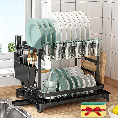 XLMYS Dish Drying Rack, 2 Tier Large Dish Drying Rack